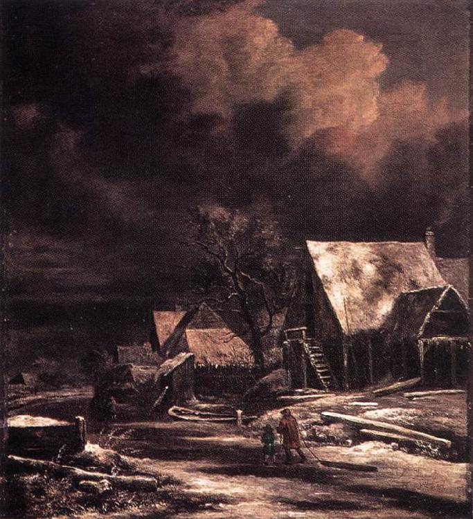 Jacob van Ruisdael Village at Winter at Moonlight